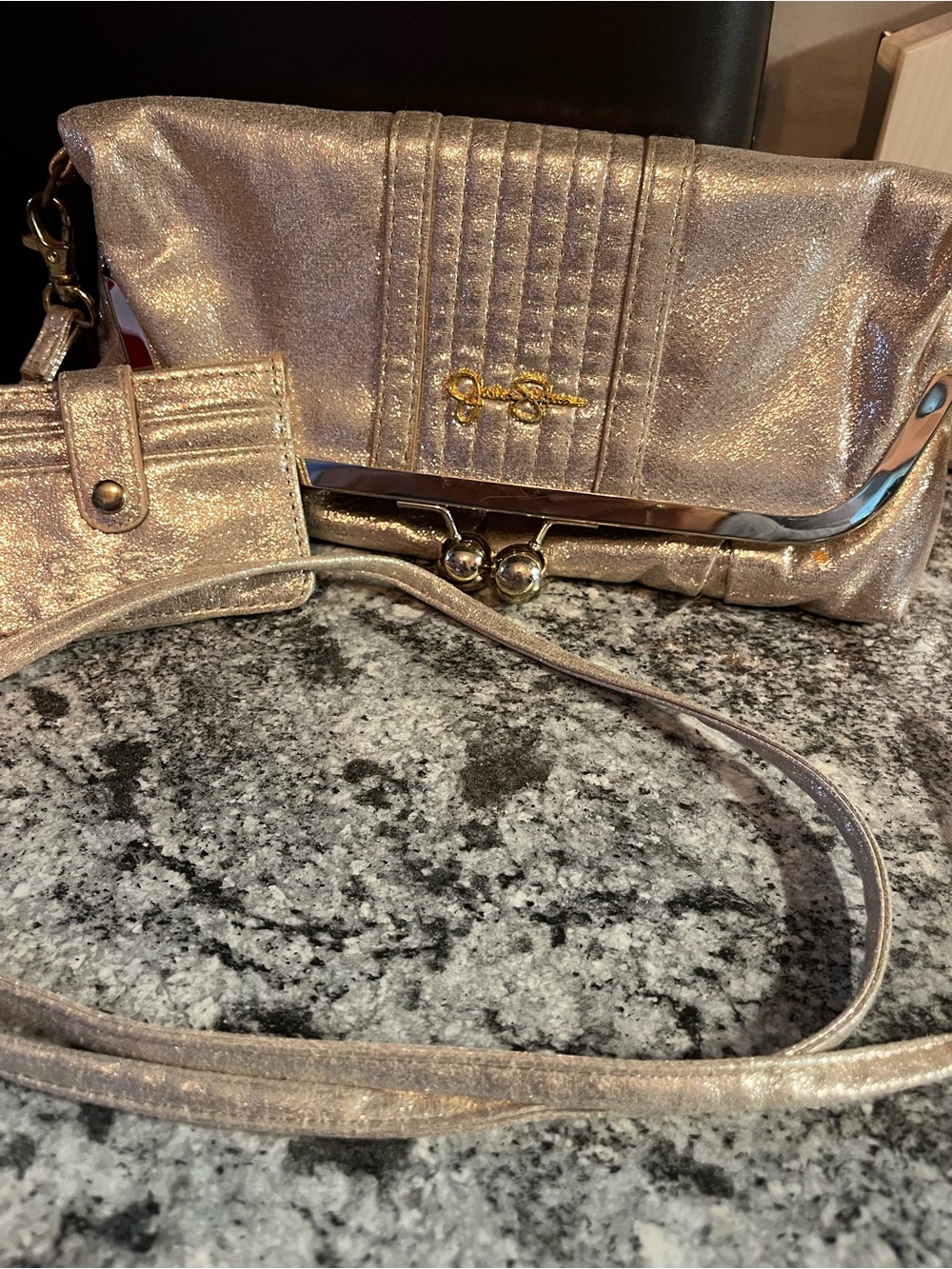 Jessica Simpson Purse Faux Leather Gold Crossbody Kiss Lock w/Accessory